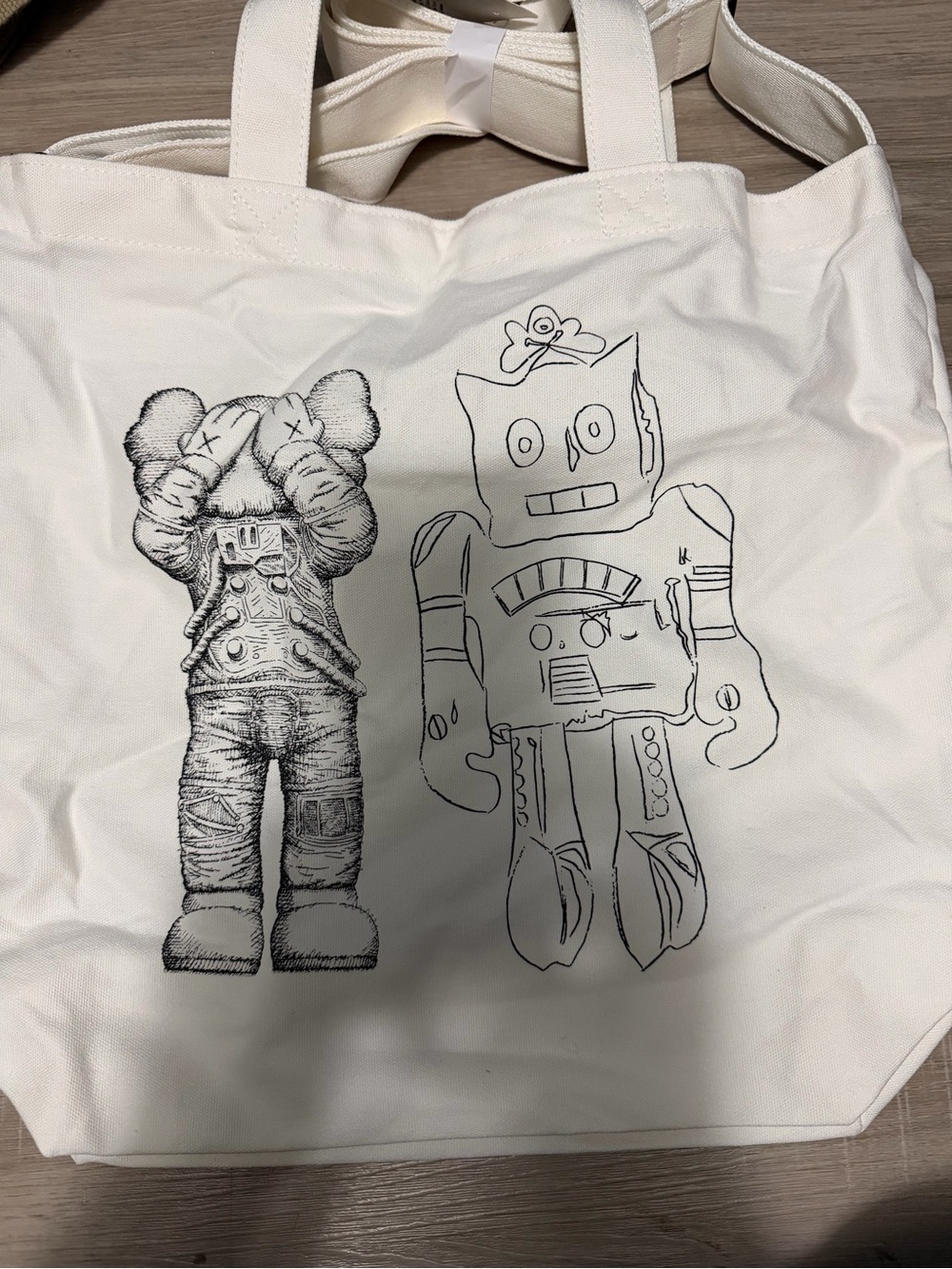Cream Canvas Tote with Black Robot Print
